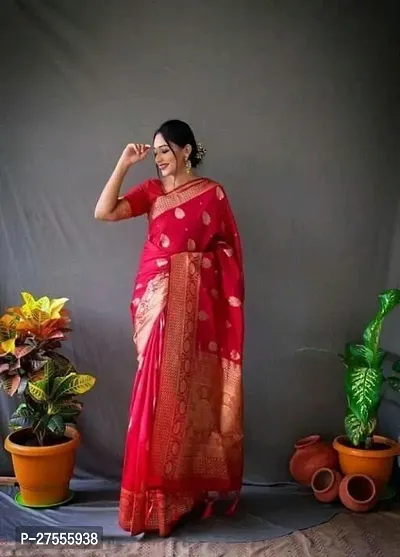 Stylish Red Silk Blend Saree With Blouse Piece For Women-thumb2