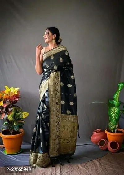 Stylish Black Silk Blend Saree With Blouse Piece For Women-thumb2