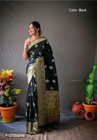 Stylish Black Silk Blend Saree With Blouse Piece For Women
