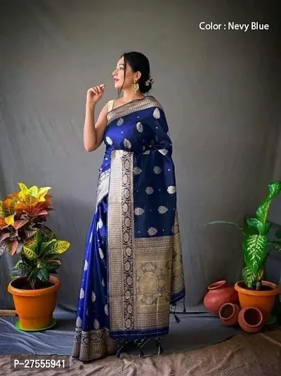 Stylish Navy Blue Silk Blend Saree With Blouse Piece For Women