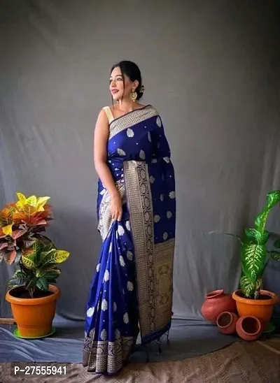 Stylish Navy Blue Silk Blend Saree With Blouse Piece For Women-thumb2