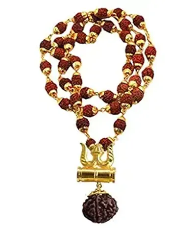 Gold-Plated Brass, Wood Lord Shiv Trishul Damru Locket with Puchmukhi Rudraksha Mala