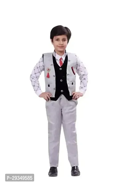 Fabulous White Cotton Blend Self Pattern Coat with Trousers For Boys-thumb0