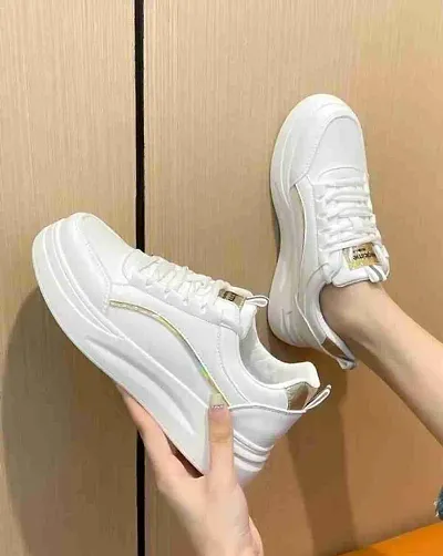 Stylish White Synthetic Solid Sports Shoes For Women
