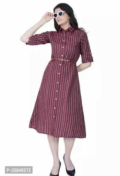 Stylish Maroon Cotton Striped Dress For Women-thumb0