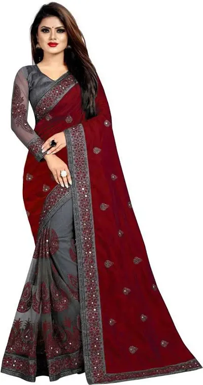 Partywear Net Embroidered Half and Half Sarees With Blouse Piece