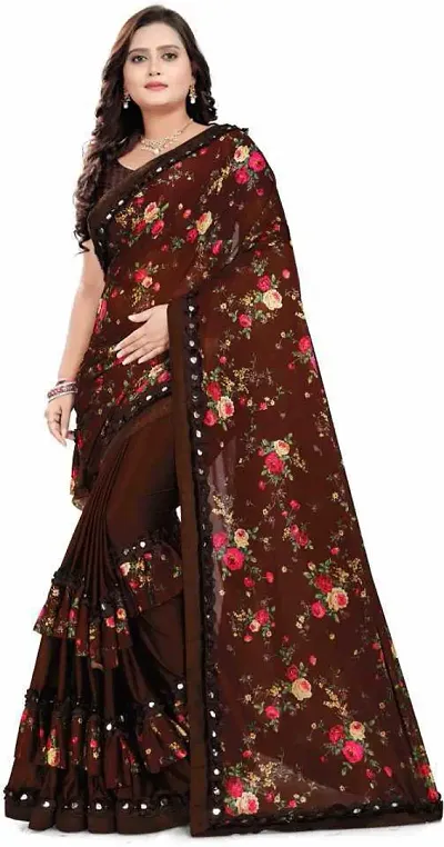 Barebeauty Women's Baluchari Lycra Blend Saree With Unstiched Blouse Piece