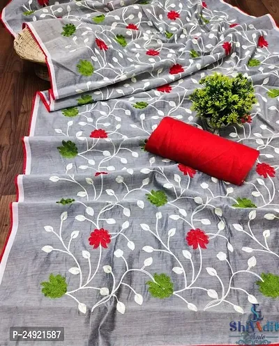 Elegant Cotton Linen Embroidered Women Saree with Blouse piece-thumb0