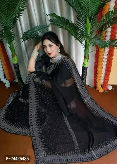 Pure Georgette Silk Saree With With Beautiful Border decorated with heavy diamond work. Contrast Blouse Matching. Women Loved This Sari..