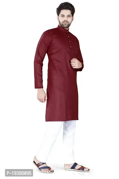 Reliable MAroon Cotton Blend Solid Knee Length Kurta For Men-thumb3