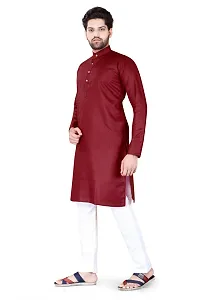 Reliable Maroon Cotton Blend Solid Knee Length Kurta For Men-thumb3