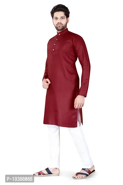 Reliable Maroon Cotton Blend Solid Knee Length Kurta For Men-thumb4