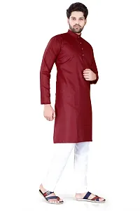 Reliable Maroon Cotton Blend Solid Knee Length Kurta For Men-thumb1