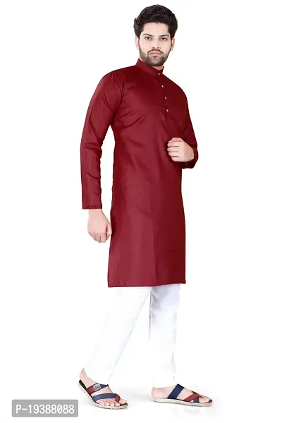 Reliable Maroon Cotton Blend Solid Knee Length Kurta For Men-thumb2