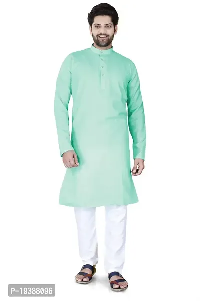 Reliable Green Cotton Blend Solid Knee Length Kurta For Men-thumb0