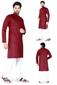 Reliable Maroon Cotton Blend Solid Knee Length Kurta For Men-thumb2