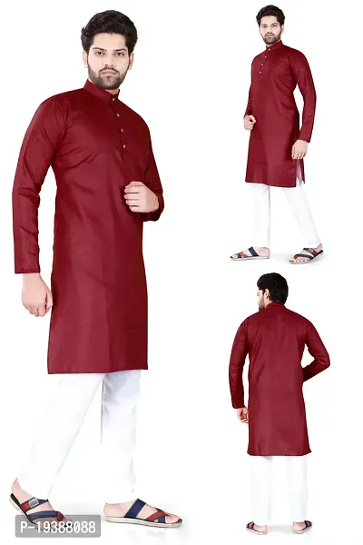 Reliable Maroon Cotton Blend Solid Knee Length Kurta For Men-thumb3