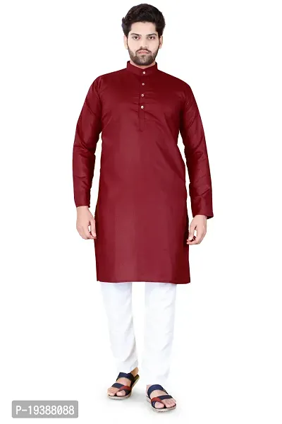 Reliable Maroon Cotton Blend Solid Knee Length Kurta For Men-thumb0