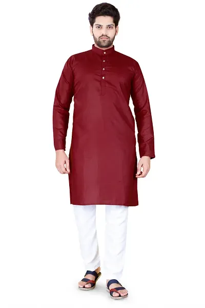 Aristada Men's Blend Full Sleeve Henley Neck Knee Length Solid Kurta-Comfortable and Versatile (Only Kurta)