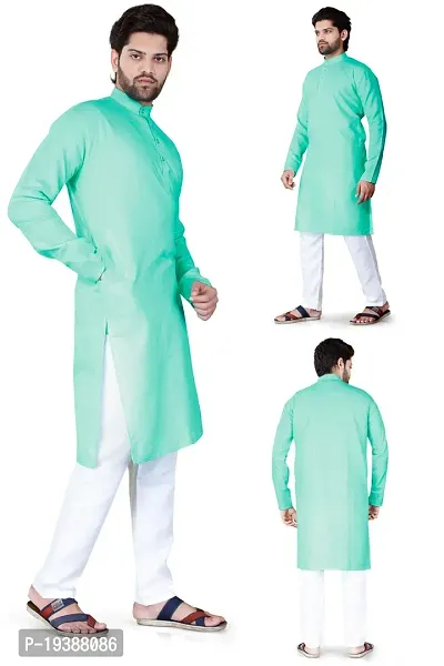Reliable Green Cotton Blend Solid Knee Length Kurta For Men-thumb4