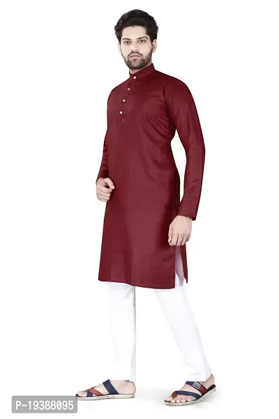 Reliable MAroon Cotton Blend Solid Knee Length Kurta For Men-thumb2