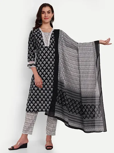 New Elegant Printed Cotton Kurta With Pant And Dupatta Set