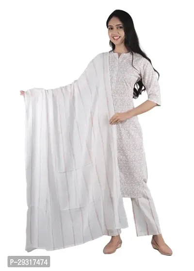 Stylish White Printed Rayon Kurta Pant With Dupatta For Women-thumb0