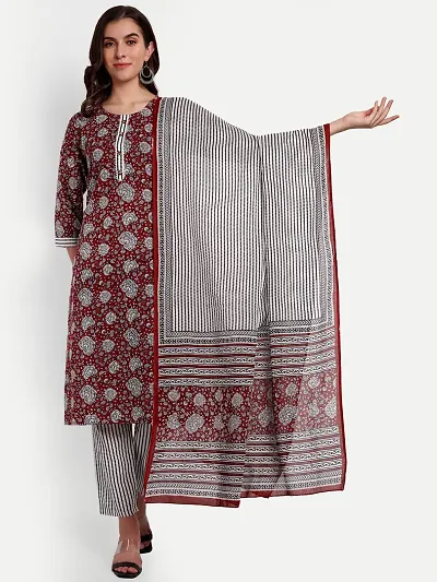 New Elegant Printed Cotton Kurta With Pant And Dupatta Set