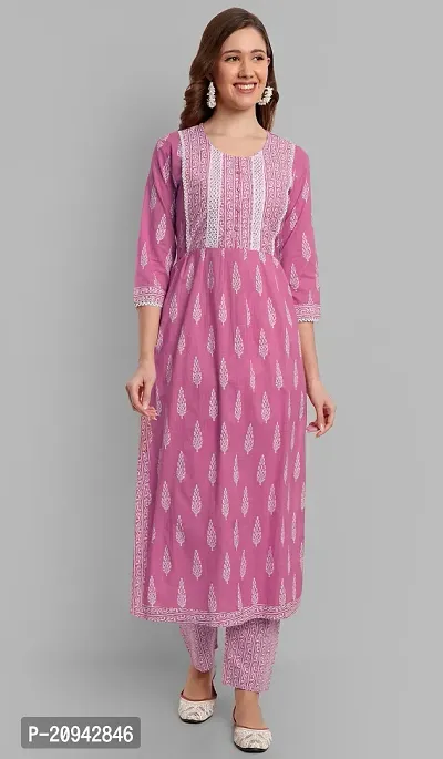 Elegant Pink Printed Cotton Kurta with Pant Set For Women-thumb0