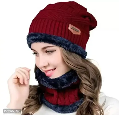 Women's Snow Proof Inside Winter Warm Fleece Fur Wool Beanie Cap with Muffler | Neck Warmer Set Knitted Hat-thumb0
