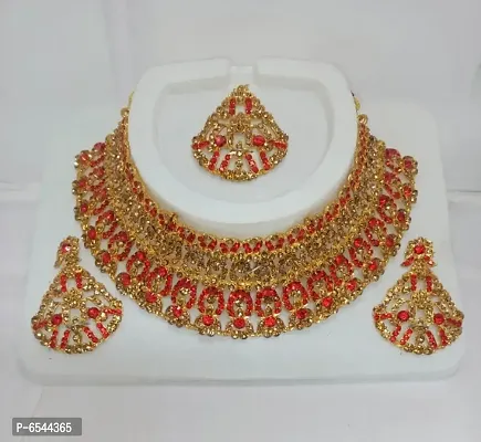 Fancy Glittering Multi Colour Diamond Studded Necklace with Earring, Maang Tika Set Gold Plated