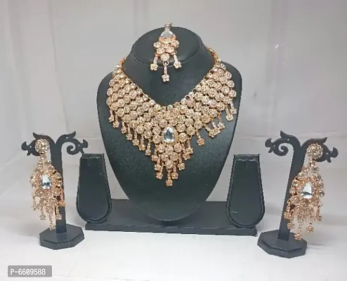 Delightful Gold Plated and Diamond Studded Wedding Jewellery Set Nacklace, Earring and Maang Tikka-thumb0