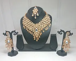 Delightful Gold Plated and Diamond Studded Wedding Jewellery Set Nacklace, Earring and Maang Tikka-thumb1