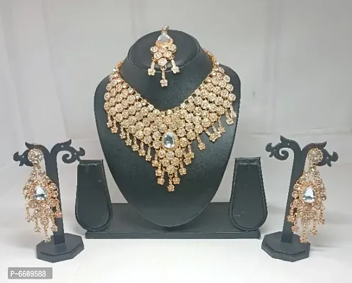 Delightful Gold Plated and Diamond Studded Wedding Jewellery Set Nacklace, Earring and Maang Tikka-thumb2