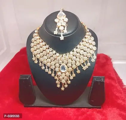 Delightful Gold Plated and Diamond Studded Wedding Jewellery Set Nacklace, Earring and Maang Tikka-thumb3
