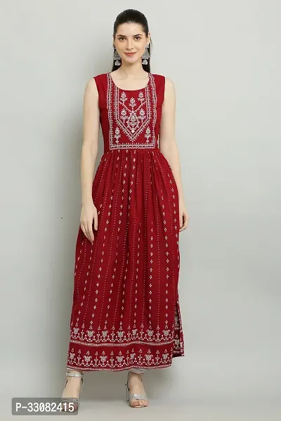 Indo-western Maroon Printed Viscose Rayon Gown For Women-thumb0