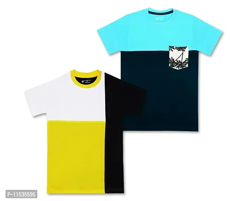 SILVER FANG Boys Cut & Sew Half Sleeve Regular Fit T-Shirt Cotton T-Shirt Pack of 2 Light Blue, Yellow-thumb0