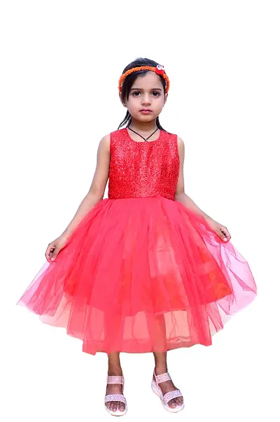 Alina Enterprises Girl Kids Frock Floral Readymade Net with Flora Beautiful Dress for Kids (3-4 Years, Red)