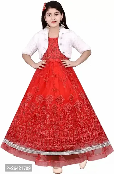 Designer Red Cotton Blend Ethnic Gowns For Girls