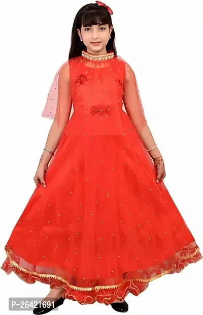 Designer Red Cotton Blend Ethnic Gowns For Girls