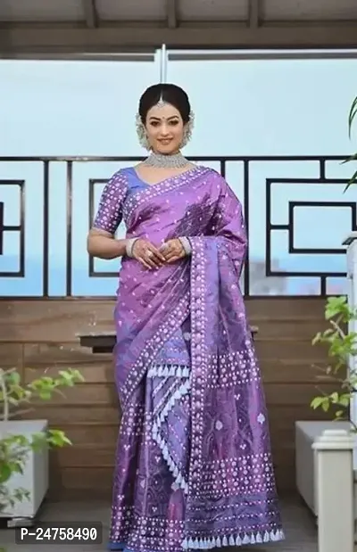 Stylish Poly Silk Purple Saree With Blouse Piece