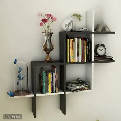 Wooden Wall Shelf Unique Design Home Decor For Living Room Bedroom ( Black \ White )-thumb0