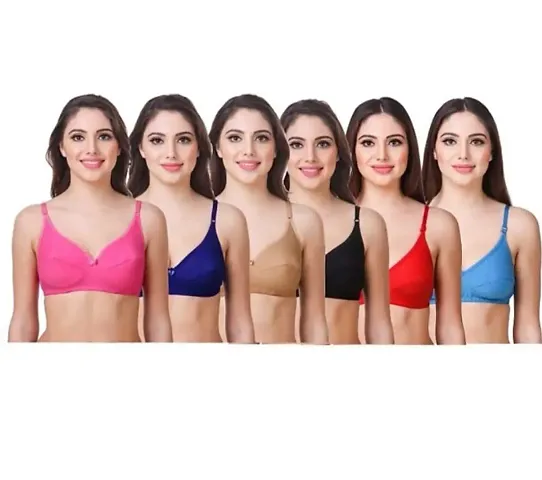 Pack Of 6 Elegant Cotton Blend Solid Non Padded Seamless Everyday Bras For Women