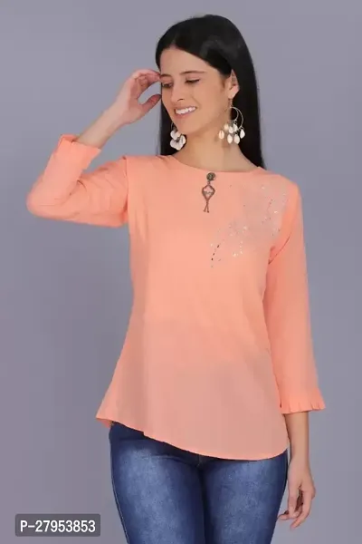 Elegant Peach Cotton Blend Printed Top For Women