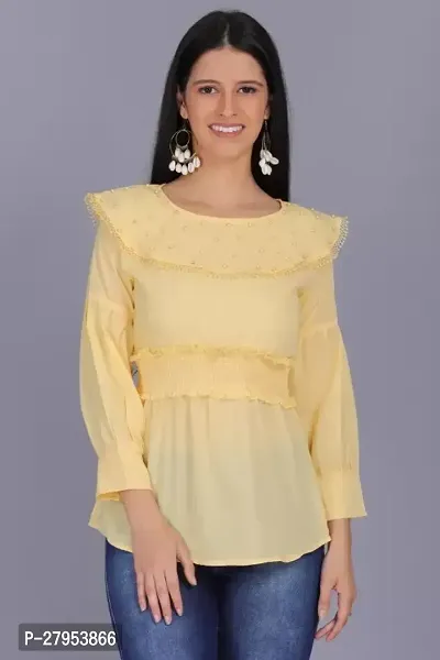 Elegant Yellow Cotton Blend Printed Top For Women