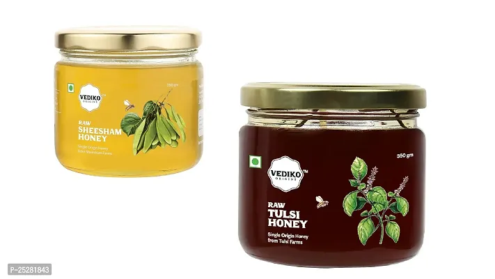 Vediko Organic Farm Fresh Raw Sheesham Honey (350GM) 100% Pure and Natural Unprocessed Single Origin Original Honey from Sheesham Farms | Chemical Free, No Sugar, No Adulteration with  Vediko Origins Farm Fresh Raw Tulsi Honey (350 GM)Pack of 2