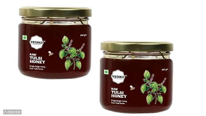 Vediko Origins Farm Fresh Raw Tulsi Honey (350 GM) | 100% Pure and Natural Unprocessed Single Origin Basil Honey from Tulsi Farms | Respiratory Booster | Chemical Free, No Sugar, No Adulteration Pack of 2