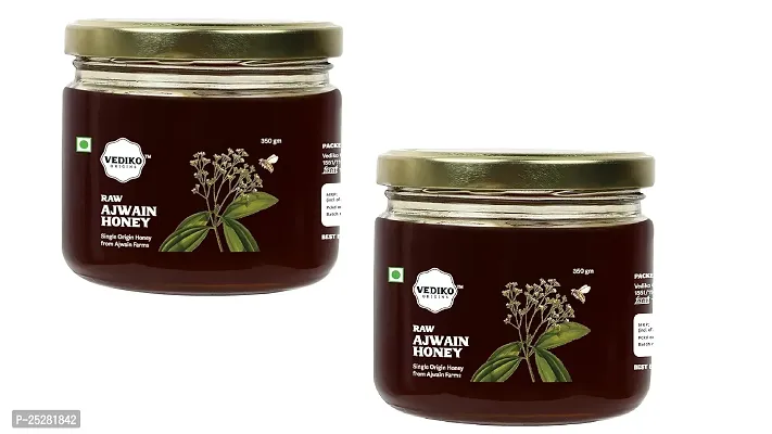 Vediko Organic Farm Fresh Raw Ajwain Honey (350GM) 100% Pure And Natural Uprocessed Single Origin Honey from Ajwain Farms | Helps in Fighting Infection | Chemical Free, No Sugar, No Adulteration Pack of 2