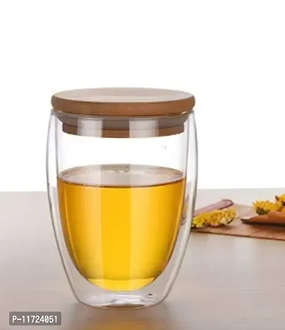 we3 Double Wall Thermal Insulated Mug for Drinking Tea,Coffee,Espresso,Juice,Wine,Latte, Cappuccino Stackable Glass Cup with Bamboo Lid 350 ML Each. (Pack of 1)