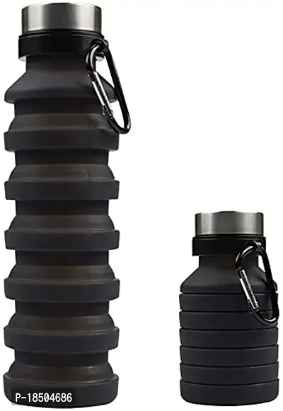 we3 Collapsible Water Bottle, 550ml Reusable Silicone Light Water Bottles for Travel Outdoor Portable Leakproof Drinking Bottles with Carabiner (Black, Pack of 1)-thumb0